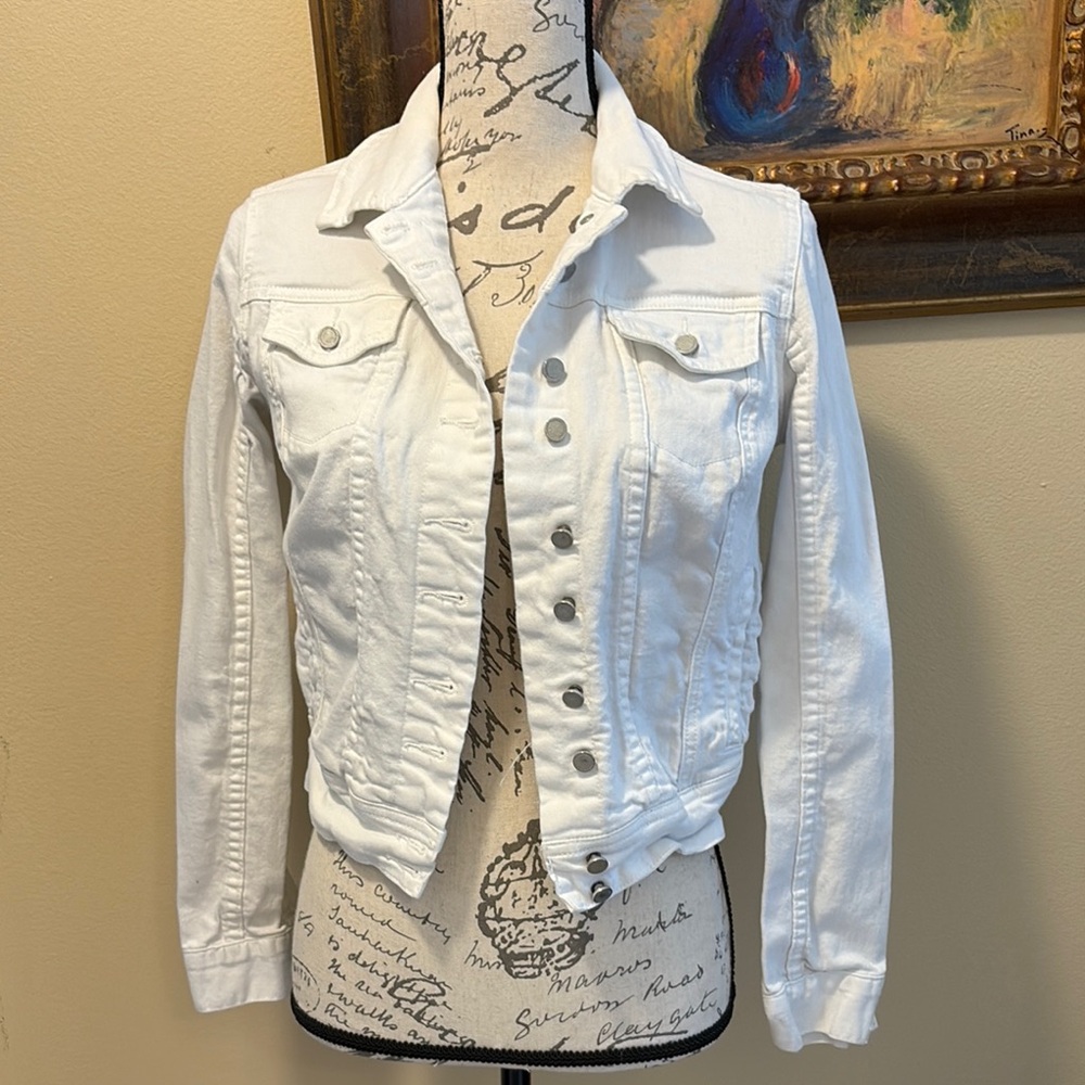 Blank NYC Cropped Military Metal Buttoned White Denim Jean Jacket